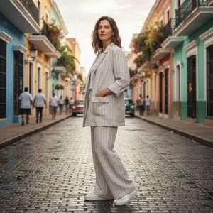 Chico's Linen Blend Pinstripe Open Blazer & Wide Leg Pants Suit Set Beige Size 8